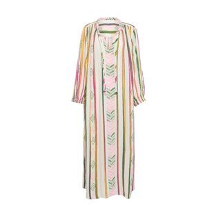 BB Boo Gemes Peyton Caftan Dress Womens Small Green Pink Midi Cotton Stripe Boho